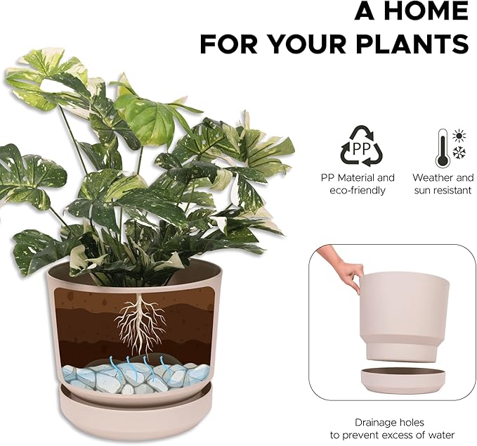 Elly Décor 8 inch Plastic Cylinder Planter Pot with Self-Watering Saucer and Drainage Hole,Lightweight & Extremely Durable, 8"x 8", Ivory-Ruum Studio Home