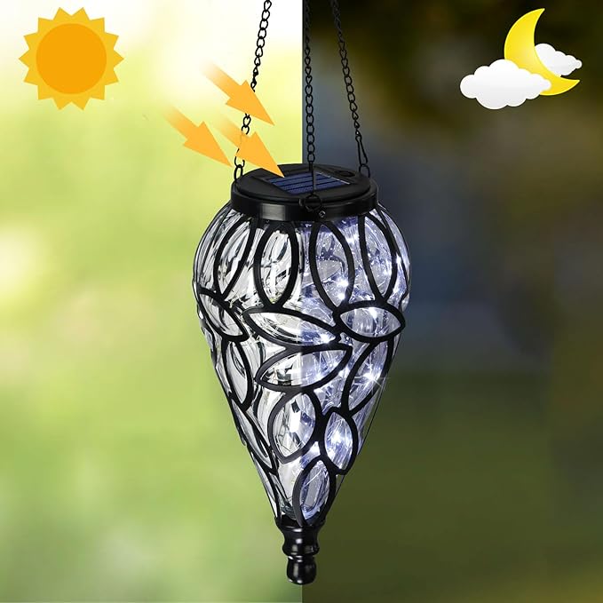 SUNNYPARK Outdoor Plastic Solar Hanging Lantern, 15 Cool White LEDs Twinkle Effect Tear-Shaped Hanging Lantern Decor Garden Decorative Solar Lights for Backyard, Patio and Lawn-Ruum Studio Home