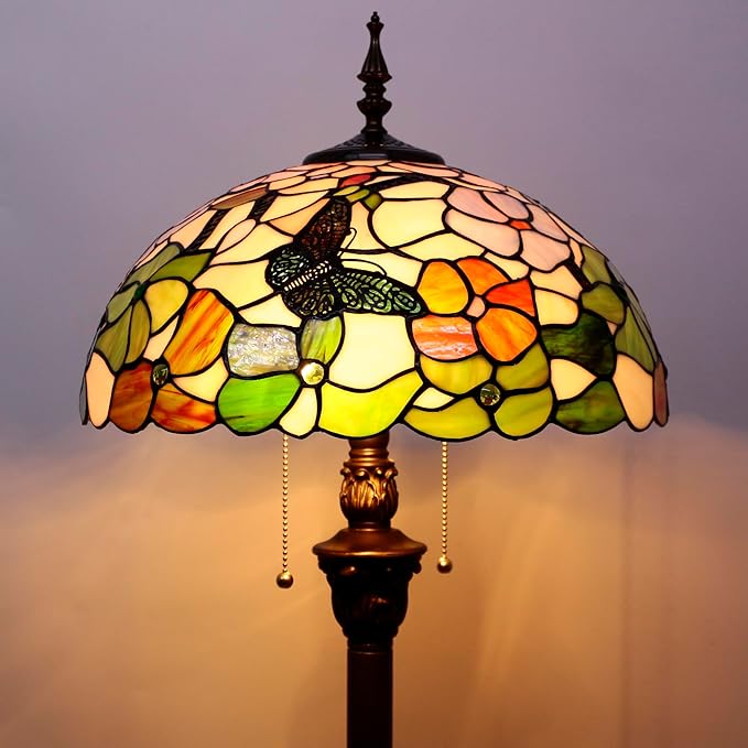 Tiffany Floor Lamp Stained Glass Lamp Standing Reading Light 16x16x70 Inch for Living Room (Butterfly Flowers)-Ruum Studio Home