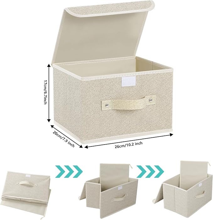 Storage Boxes, Collapsible Storage Bins with Lids, Cotton and linen cloth Storage Baskets with Handle, for Books, Closet, Bedroom, Home, 10.2x7.9x6.7 in, Grey and Beige-Ruum Studio Home