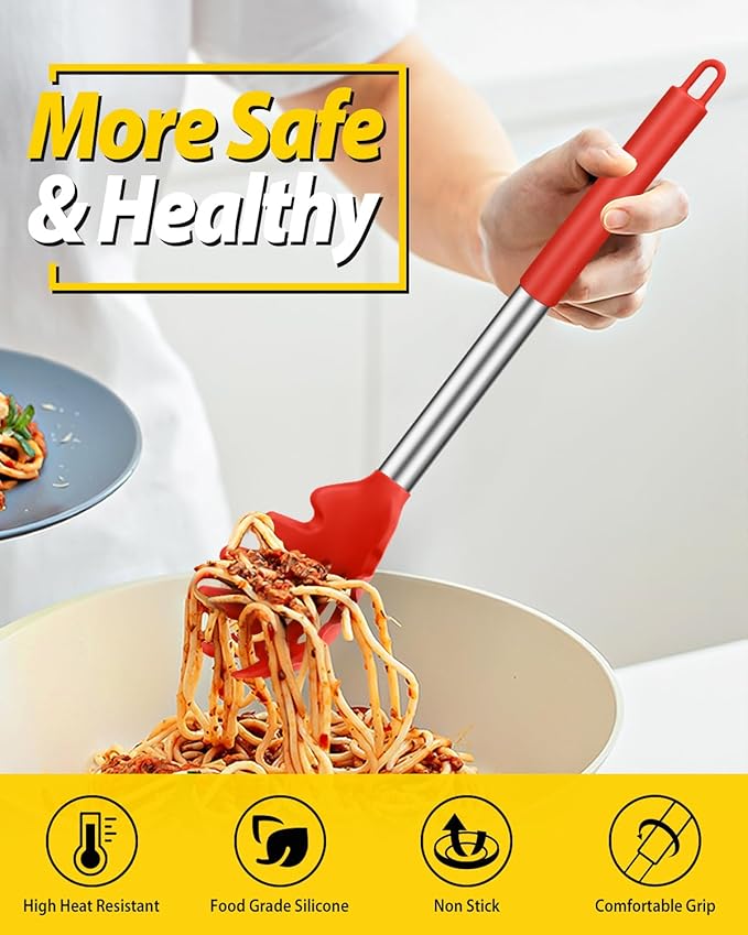 Silicone Pasta Fork and Ladle Spoon Set, Large Non Stick Kitchen Utensils for Cooking,Stirring,Serving Spaghetti, Soup, Sauce (RED)-Ruum Studio Home