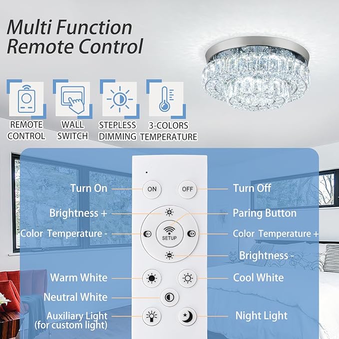 11.8" LED Chandelier 2-Layer Crystal Ceiling Light Fixture with Remote Control Flush Mount Chandelier Light for Hallway Bedroom Living Room Kitchen Foyer(dimmable)-Ruum Studio Home
