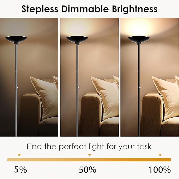 BoostArea Torchiere Floor Lamp, 30W Super Bright LED Standing Lamp, Stepless Dimmable Pole Lamp with 3000K Lighting, Rotary Switch, 70 Inch Tall Metal Modern Floor Lamps for Living Room/Bedroom Black-Ruum Studio Home