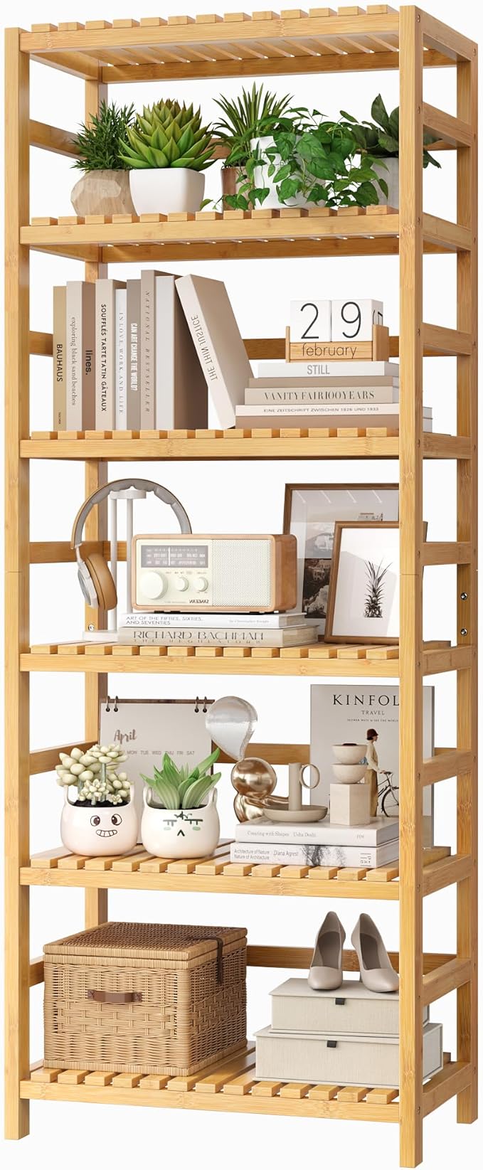FOTOSOK 6-Tier Bamboo Shelf, Bamboo Bookcase with Adjustable Shelves, Free Standing Storage Shelf Unit, Plant Flower Stand for Kitchen, Bathroom, Home Office, Natural-Ruum Studio Home