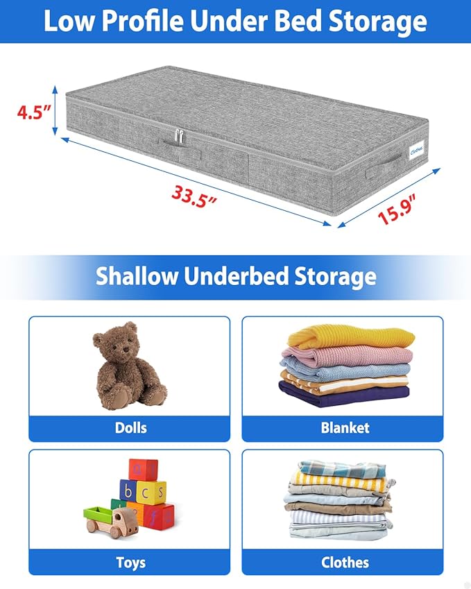2 Pack Low Profile Under Bed Storage Containers 4.5 Inch Height, Shallow Underbed Couch Storage Organizer With Sturdy Sidewalls/Bottom, Thin Underbed Storage Bins For Clothes Dorm Dresser Sofa- Grey-Ruum Studio Home