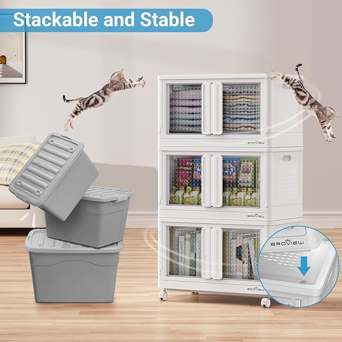 400Qt Stackable Storage Bins with Lids, 100Gal Closet Organizers and Storage Drawer, Plastic Collapsible Storage Bins with Doors, Heavy Duty Store Box Cabinet for Home Kitchen, 4Pack White-Ruum Studio Home