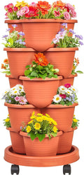 VECELO 5 Tier Vertical Garden Planter, Self Watering Stackable Planters with Wheels for Strawberries, Herbs, Flowers, Vegetables, Red-Ruum Studio Home