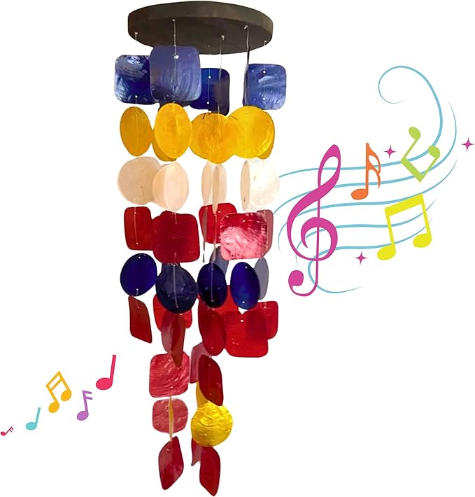 Bellaa 24872 Wind Chimes Outdoor, Garden Decorations, Musical, Indoor/Outside Windchimes, Beach, Ocean Breeze, Gifts for Mom, Gift for All Occasions, Sea Glass Shells Wood Red Blue Yellow White-Ruum Studio Home