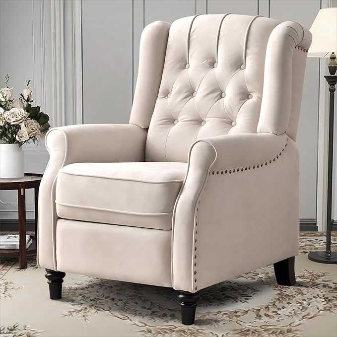 EBELLO Pushback Recliner Chair, Fabric Armchair Push Back Recliner with Rivet Decoration, Mid Century Wingback Accent Chair for Living Room, Bedroom, Beige-Ruum Studio Home