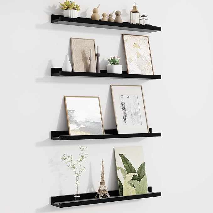 Picture Ledge Shelf for Wall, Floating Shelves Set of 4, 24 Inch Long Nursery Book Shelves for Toys Storage, Kids Bookshelf Wall Mounted for Books Photo Frames, Black-Ruum Studio Home