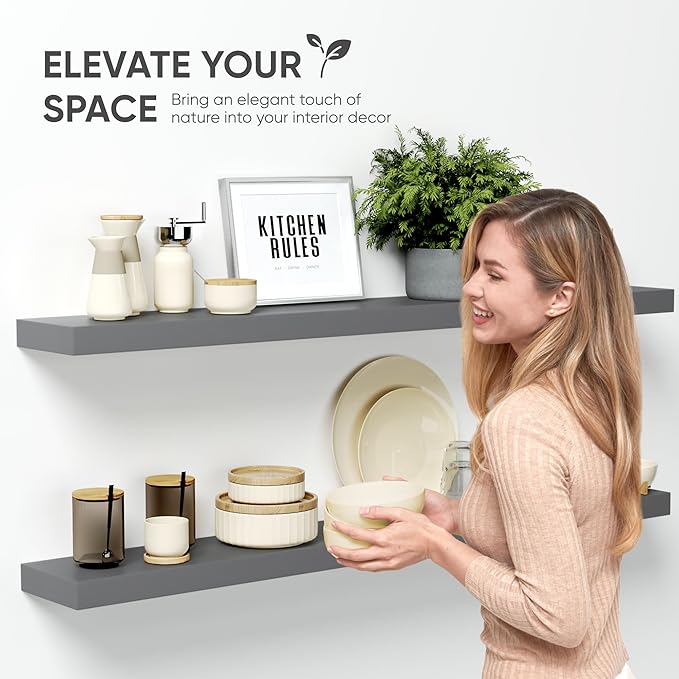 Homeforia Gray Floating Shelf 48 inch, High End Solid Real Wood 48inch Floating Shelves for Wall Mounted, Grey Wooden 48 inches Long Floating Shelves, Heavy Duty Bracket, 48 X 6.5 X 1.75 in, Set of 2-Ruum Studio Home