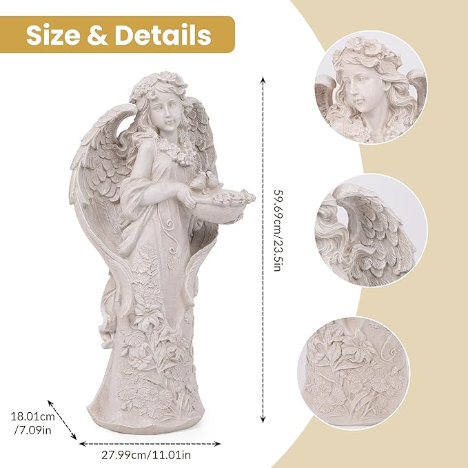 Outdoor Statues Angel Décor Garden Statue,23.5" H Angel Statue, Resin Angel with Bird Figurine,Gifts for Women and Men,Outdoor Garden Decor Ornaments for Outside (White)-Ruum Studio Home