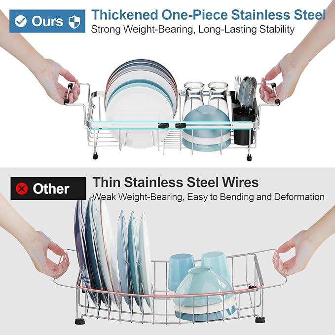 GSlife Expandable in Sink Small Dish Drying Rack - Stainless Steel Capacity Adjustable Over The Sink Dish Rack with Utensil Holder, 11.9“-16.7” L x 9" W x 5.7" H, Silver-Ruum Studio Home