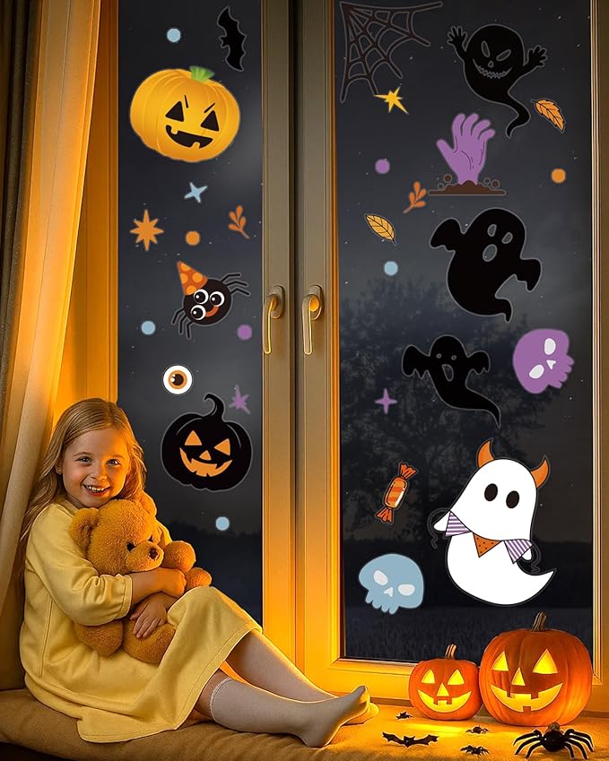 Halloween Window Clings - 9 Sheets 213 Pcs Happy Halloween Window Decorations Indoor for Home Party Eyes Pumpkin Ghost Bats Witch Stickers for Glass Double-Sided Removable Static Glass Decals-Ruum Studio Home