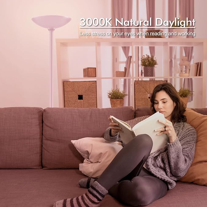 BoostArea Torchiere Floor Lamp Pink, 30W Super Bright LED Standing Lamp, 3000K Stepless Dimmable Pole Lamp with Rotary Switch, 71inch Tall Metal Modern Floor Lamps for Living Room,Bedroom,Home Decor-Ruum Studio Home