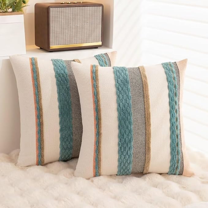Boho Throw Pillow Covers 18x18 Set of 2 Farmhouse Decorative Cushion Case Striped Square Pillows Cover Chenille Pillow Cases Accent Neutral Pillowcase for Sofa Couch Bed,Blue-Ruum Studio Home