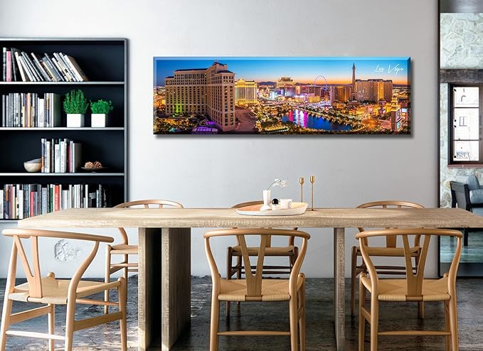 Las Vegas Skyline Wall Art Cityscape Canvas Prints City Modern Building Posters Bellagio Fountain Skyscraper Night View Panoramic Pictures for Home Office Living Room Decor Framed 13.8"x45.3"-Ruum Studio Home