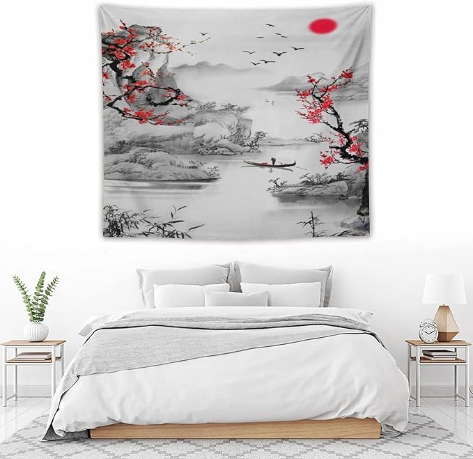 Cherry Blossoms Tapestry,Japanese Red Landscape Watercolor Abstract Art Tapestry,Asian Japanese Wall Tapestry, Nature Landscape Tapestries for Bedroom Living Room Decor 60"x50"-Ruum Studio Home