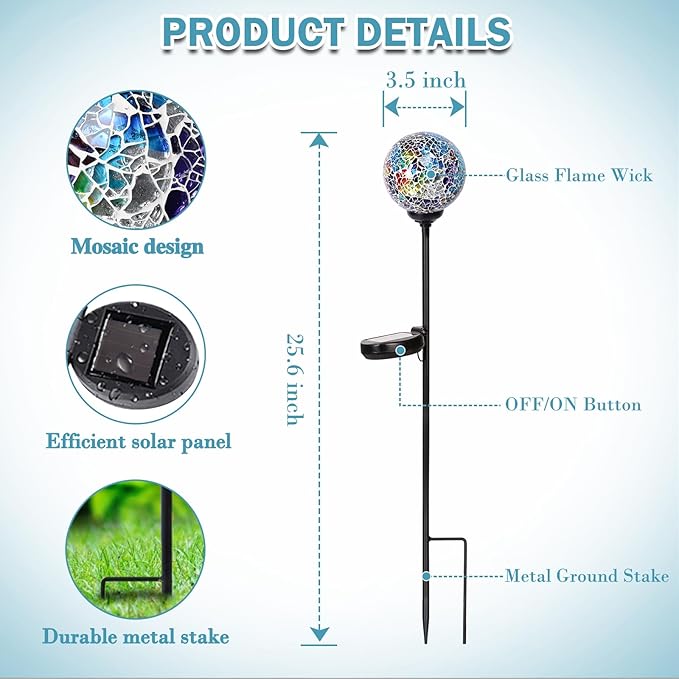 Solar Garden Lights Outdoor Decorative - Solar Gazing Ball Mosaic Garden Stakes Decorative Waterproof Outdoor Lights for Pathway Yard Lawn Decoration Multi-Ruum Studio Home