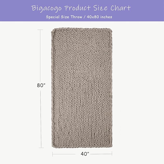 Bigacogo Chunky Knit Throw Blanket for Couch, 40x80 inches, 100% Hand Knitted with Thick Jumbo Chenille Yarn, Cozy Soft Large Rope Knot Cable Crochet Blankets for Sofa Bed Living Room, Taupe-Ruum Studio Home