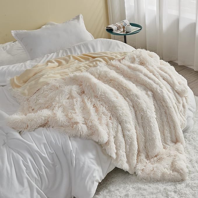 GONAAP Fuzzy Faux Fur Throw Blanket Ivory Super Soft Cozy Plush Fuzzy Shaggy Blanket for Couch Sofa Bed (Ivory, Throw(40"x50"))-Ruum Studio Home