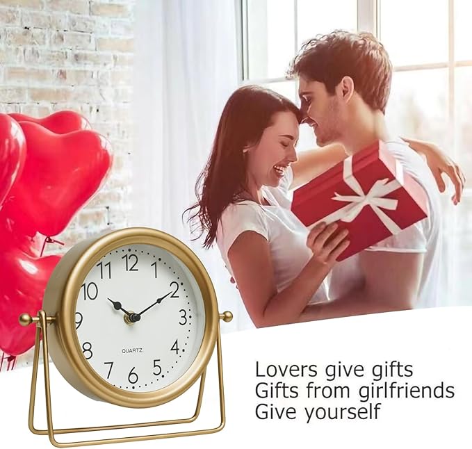 Vintage Golden Table Clock - Elegant Battery Operated Office, Living Room, and Bedroom Clock with Minimalist Design Gold Table Decor 22x19.5x5.5cm-Ruum Studio Home
