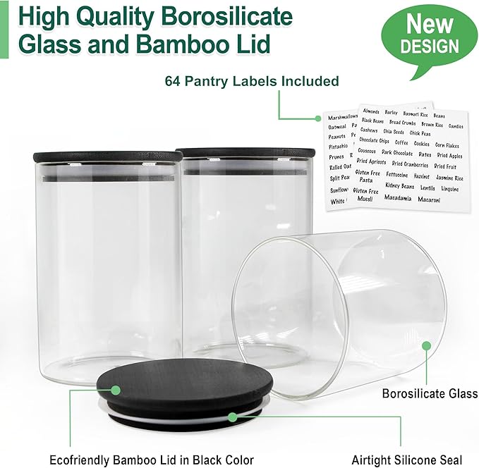 Urban Green Glass Jars with Black Lids, Glass food storage container sets with black lids, Airtight Canisters Sets with Bamboo Lids. Pantry Jar (3 Pack of 48oz)-Ruum Studio Home