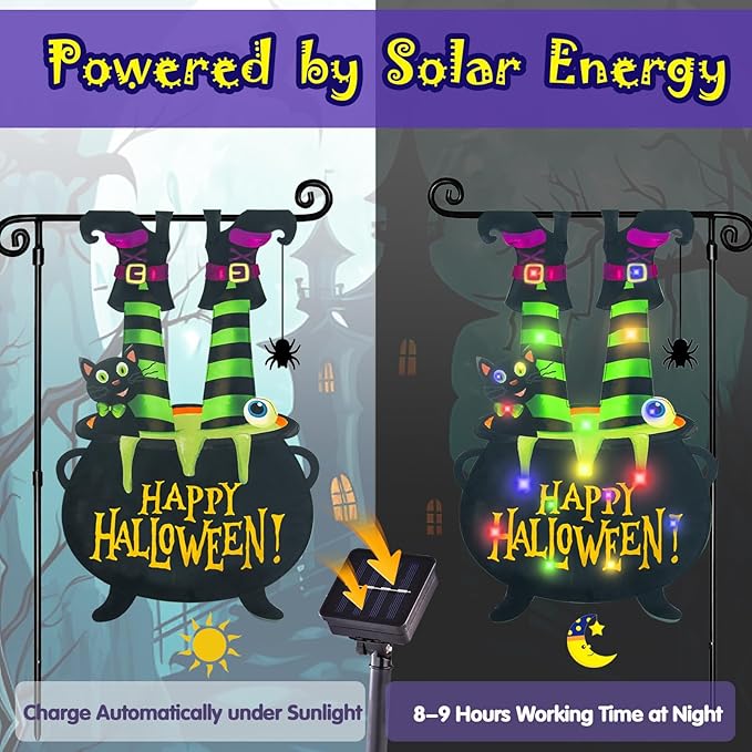 Halloween Lighted Garden Flag for Outside, Led Solar Yard Flag 8 Modes Witch Feet Shape Flag, 12x18 Double Sided Cauldron Eyeball Black Cat Decorations for Home Porch-Ruum Studio Home
