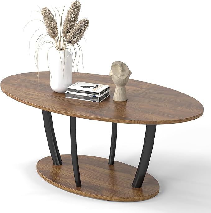Manora Small Oval Coffee Table with Storage, Farmhouse Industrial Center Table for Living Room, Vintage Tea Table for Small Spaces, Rustic Brown-Ruum Studio Home