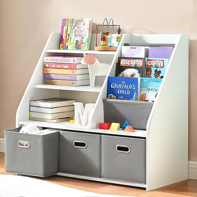 Kids Bookshelf, Kids Toy Storage Organizer with Storage Bins, Wooden Bookshelf and Book Display Shelf for Bedroom, Playroom, Nursery, Classroom, White-Ruum Studio Home