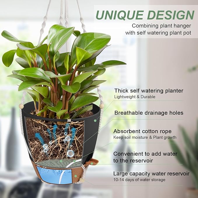 41.5 Inch Macrame Plant Hanger Indoor Outdoor with 12 Inch Flower Pot, Hanging Planter for Plants Holder with Wood Beads for Boho Home Decor (Ivory+Black)-Ruum Studio Home