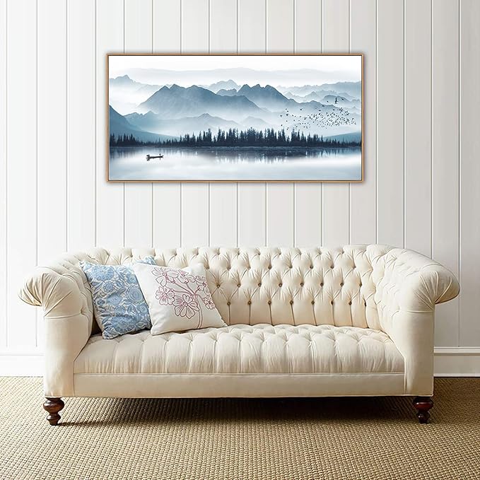 Indigo Framed Canvas Wall Art Misty Mountain Wall Pictures Foggy Lake Boat Canvas Painting Prints Forest Birds Canvas Wall Decor for Living Room Bedroom Decorations Natural Framed 24" x 48"-Ruum Studio Home