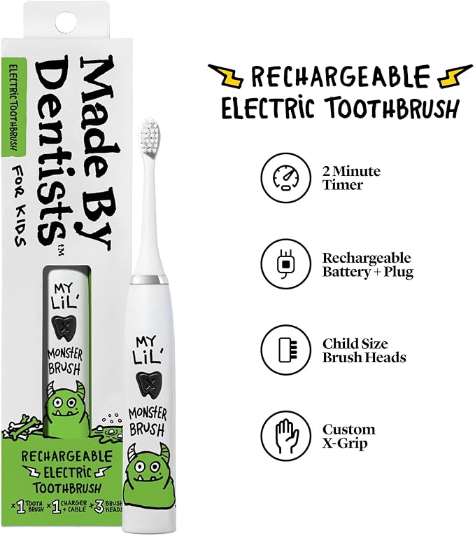 Kids Electric Toothbrush - Rechargeable Vibrating Toothbrush with Timer, Includes 6 Replacement Heads, Gently Cleans Teeth, for Girls and Boys, Kids & Toddlers Age 2+, Monster-Ruum Studio Home
