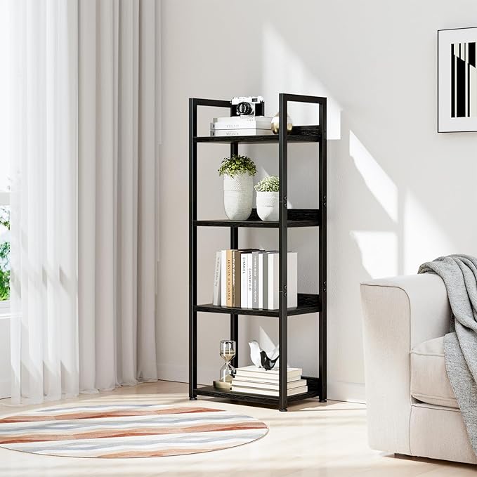 NUMENN Narrow Bookshelf, 4 Tier Bookshelves, Home Office Bookcase Shelf Storage Organizer, Free Standing Storage Shelving Unit for Bedroom, Living Room and Home Office, Black-Ruum Studio Home