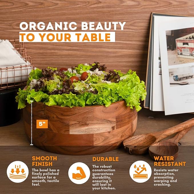 Luxe Designs 12" Wooden Salad Bowl Set with Serving Utensils Eco-Friendly, Multipurpose Mixing & Serving Bowl for Salads, Pasta, Fruits & More – Durable & Stylish Kitchen Essential-Ruum Studio Home