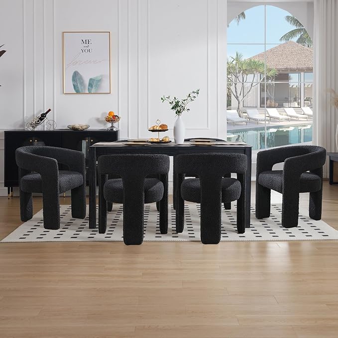Black Sherpa Dining Chairs Set of 2, Modern Barrel Dining Room Chairs Upholstered Faux Fur Accent Chair with Arms and Round Back for Living Room Kitchen Armchair No Assembly Needed-Ruum Studio Home