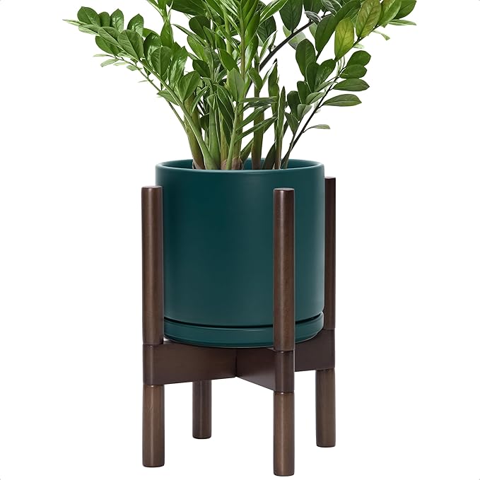 D'vine Dev Ceramic Planter with Walnut Color Stand - 8 Inch Modern Round Flower Pot with Wood Planter Holder, Teal, 55-B-Y-4-Ruum Studio Home