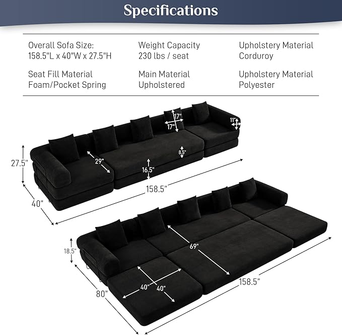 Modular Sectional Loveseat Sofa Cloud Boneless Couch, Modern Sleeper Sofa for Customizable Living Spaces, Cozy Modular Couch for Indoor Room, No Assembly Required, Black-Ruum Studio Home