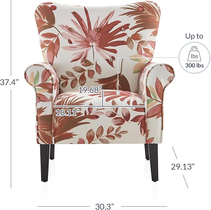 BELLEZE Modern Accent Chair for Living Room, High Back Floral Armchair with Wooden Legs, Upholstered Wingback Side Chair Padded Armrest Single Sofa for Living Room, Bedroom - Allston (Red Floral)-Ruum Studio Home