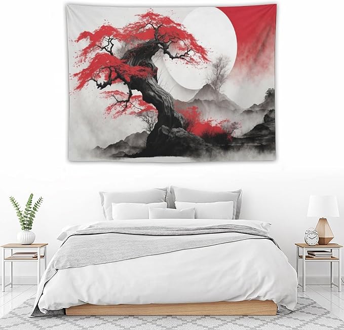 Cherry Blossoms Tapestry, Japanese Red Landscape Asian Abstract Art, Bedroom Living Room Decor 40"x30"-Ruum Studio Home