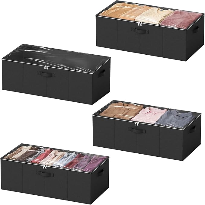 SpaceAid 4 Pack 10" High Under Bed Storage Containers, Large Underbed Storage Organizer Bins with Lids for Bedroom, Dorm, Clothes, Closet Organization, Bed Sheets and Blankets (Black)-Ruum Studio Home