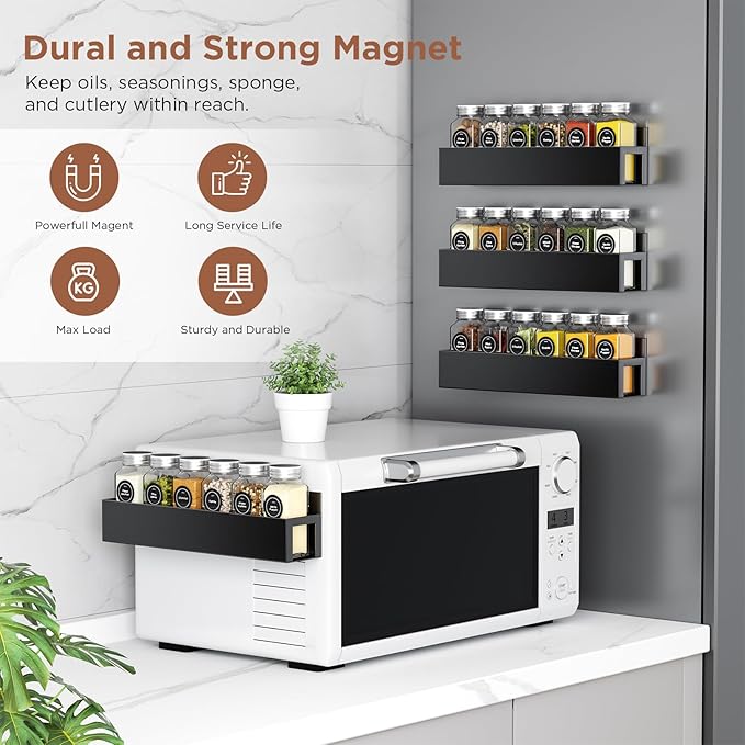 4 Pack Magnetic Spice Rack with 24 Spice Jars, Spice Labels, Chalk Marker and Funnel Set, Magnetic Spice Organizer Shelf for Refrigerator, Microwave, Seasoning Organizer for Kitchen-Ruum Studio Home