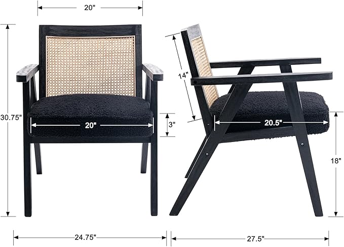 Accent Rattan Chairs Set of 2, Faux Fur Upholstered Living Room Chairs with Cane Back, Retro Mid Century Modern Cane Chair Armchair for Reception Reading Indoor Outdoor, Black-Ruum Studio Home