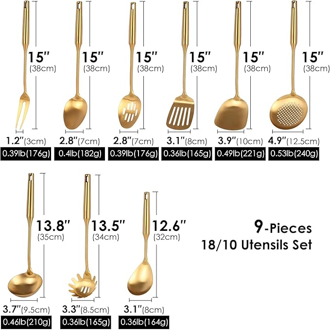 Gold Kitchen Utensils Set - 18/10 Stainless Steel Cooking Tools, 15" All Metal Serving Utensils with Fork, Solid/Slotted Spoon, Spatula, Ladle, Skimmer, Tunner, Pasta Spoon, Large Spoon, Set of 9-Ruum Studio Home