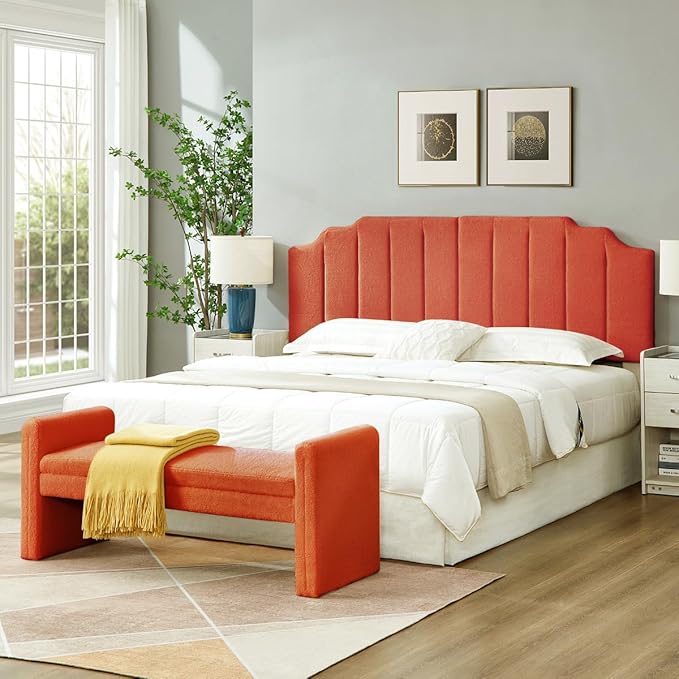 24KF Orange Teddy Fabric Tufted King Upholstered Headboard, Modern Vertical Channel Design California King Headboard with Stepped Silhouette Top Edge,6026-K-Teddy Orange-Ruum Studio Home