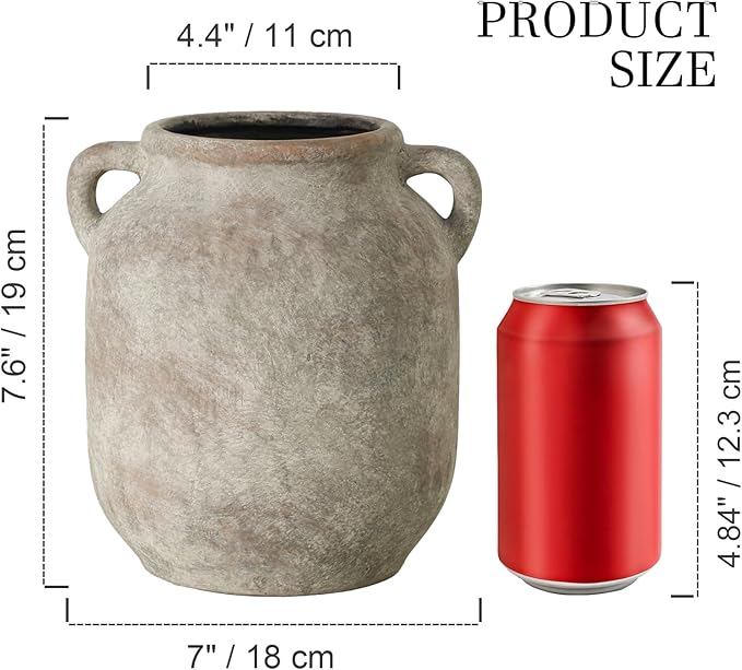 Ceramic Flower Vase Home Decor - 7.6 Inch Farmhouse Rustic Table Vases with Handle Living Room Decoration Decorative Vintage Pottery for Kitchen Shelf Coffee Dining Bookshelf Fireplace Centerpiece-Ruum Studio Home