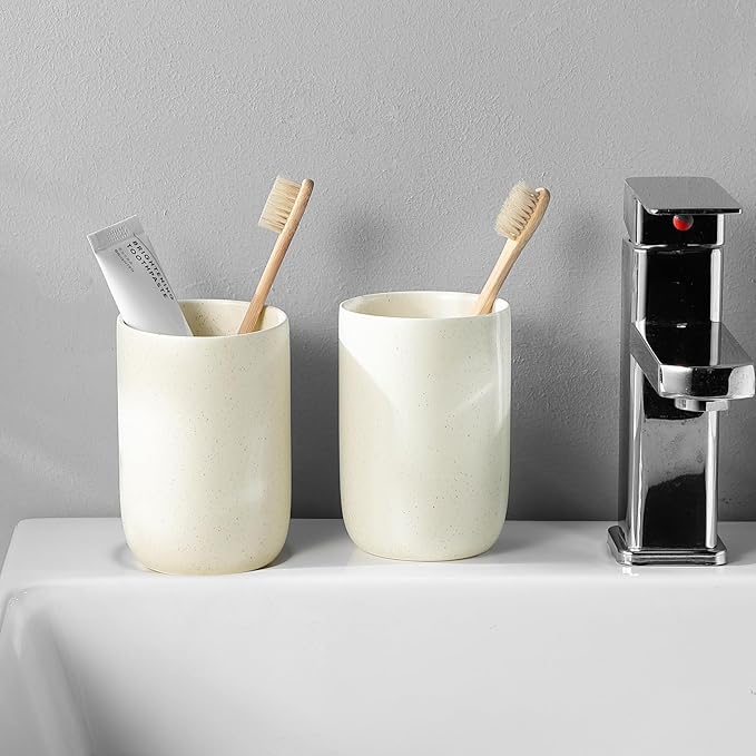 Beige Toothbrush Holders for Bathrooms - 2 Cups Ceramic Toothbrush Toothpaste Holders Set, Beige Bathroom Tumbler Cups Reusable Toothbrush Mouthwash Cup, Bathroom Counter Organizer-Ruum Studio Home