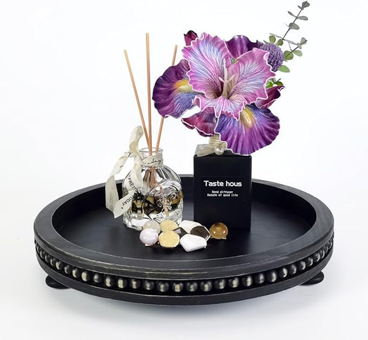 12 Inches Rustic Wooden Decorative Tray, Small Round Beaded Wood Tray for Kitchen Dinning Table Centerpiece Decor Entryway Living Room Home Decor, Black-Ruum Studio Home