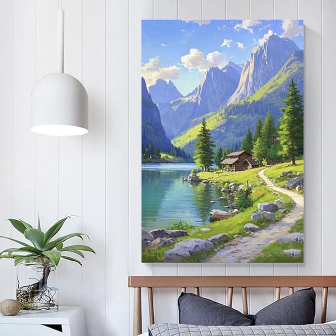 Landscape wall painting of mountain forest lakeside cabin under blue sky and white clouds natural oil painting poster suitable for living room bedroom office-Ruum Studio Home
