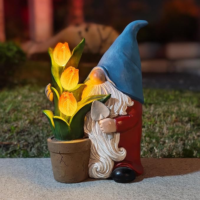 COWOS Garden Gnome Statue, Sculpture of a Dwarf Holding a Shovel and a Flower Pot, Solar Gnome Statues Outdoor Decor, Outside Lawn Patio Yard Ornament Gifts-Ruum Studio Home
